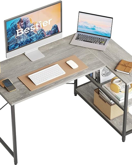 Bestier Small L Shaped Desk with Shelves 47 Inch Reversible Corner Computer Desk Writing Gaming Storage Table for Home Office Small Space, Gray Oak - LeafyLoom