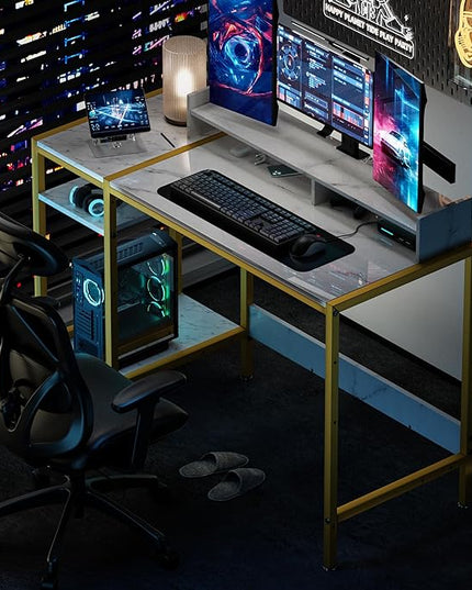 Gaming Desk with Monitor Stand, Storage and Marble Design - Adjustable Home Office Writing Desk - LeafyLoom