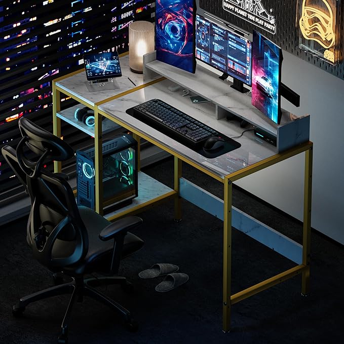Gaming Desk with Monitor Stand, Storage and Marble Design - Adjustable Home Office Writing Desk - LeafyLoom