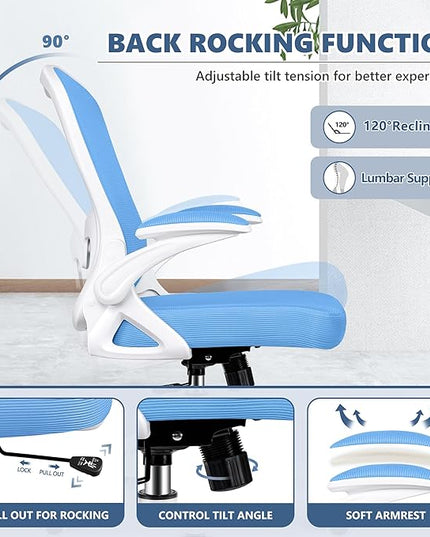 Office Chair Desk Chair, Ergonomic Mesh Computer Chair Home Office Desk Chairs, Swivel Task Chair Mid Back Breathable Rolling Chair with Adjustable Lumbar Support Flip Up Armrest (Sky Blue) - LeafyLoom