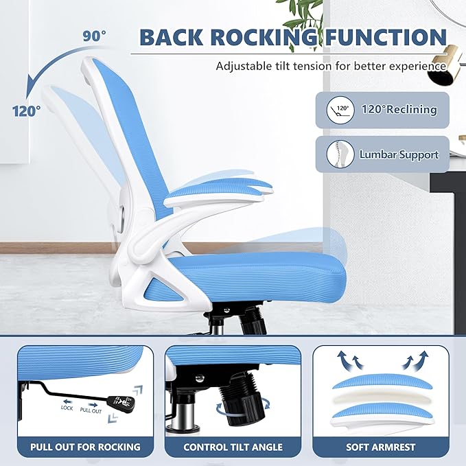 Office Chair Desk Chair, Ergonomic Mesh Computer Chair Home Office Desk Chairs, Swivel Task Chair Mid Back Breathable Rolling Chair with Adjustable Lumbar Support Flip Up Armrest (Sky Blue) - LeafyLoom