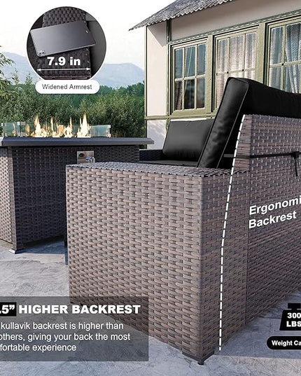 Kullavik 7 Pieces Outdoor Patio Furniture Set with 43" 55000BTU Gas Propane Fire Pit Table PE Wicker Rattan Sectional Sofa Patio Conversation Sets - LeafyLoom