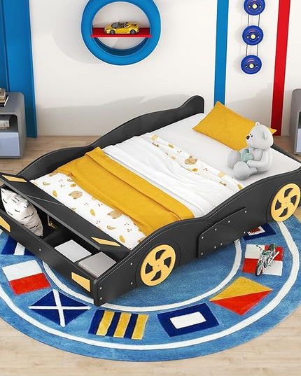 Full Size Race Car Bed Platform Bed with Wheels and Storage,Wood Bed Frame W/Wood Slats Support,for Kids Boys Girls Teens,Box Spring Not Required,Black+Yellow - LeafyLoom