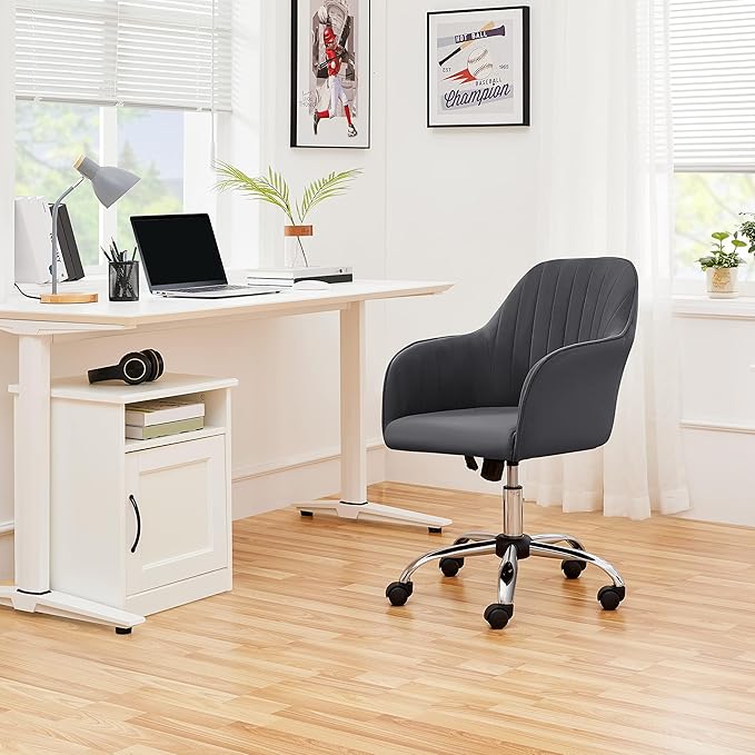 Yaheetech Modern Velvet Desk Chair Soft Height-Adjustable Swivel Computer Chair for Makeup Room Living Room Bedroom Soft Upholstered Office Chair Gray - LeafyLoom