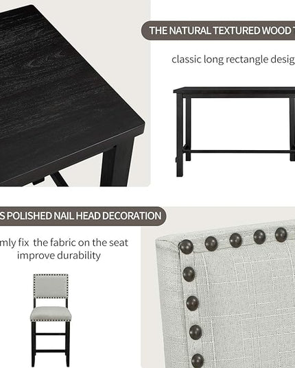 Kitchen 5-Piece Counter Height Dining Set, Classic Elegant Table and 4 Chairs in Espresso and Beige - LeafyLoom