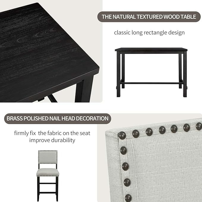 Kitchen 5-Piece Counter Height Dining Set, Classic Elegant Table and 4 Chairs in Espresso and Beige - LeafyLoom