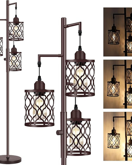 68" Farmhouse floor lamp, Dimmable Industrial Floor Lamps for Living Room, 3 Light Rustic Standing Tall Lamp Including 3 PCS 6W E26 Bulbs, Tree Floor Lamp for Bedrooms Room, Office, Bar, Brown - LeafyLoom