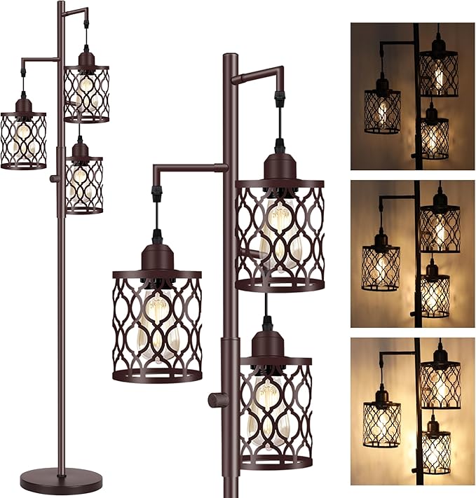 68" Farmhouse floor lamp, Dimmable Industrial Floor Lamps for Living Room, 3 Light Rustic Standing Tall Lamp Including 3 PCS 6W E26 Bulbs, Tree Floor Lamp for Bedrooms Room, Office, Bar, Brown - LeafyLoom
