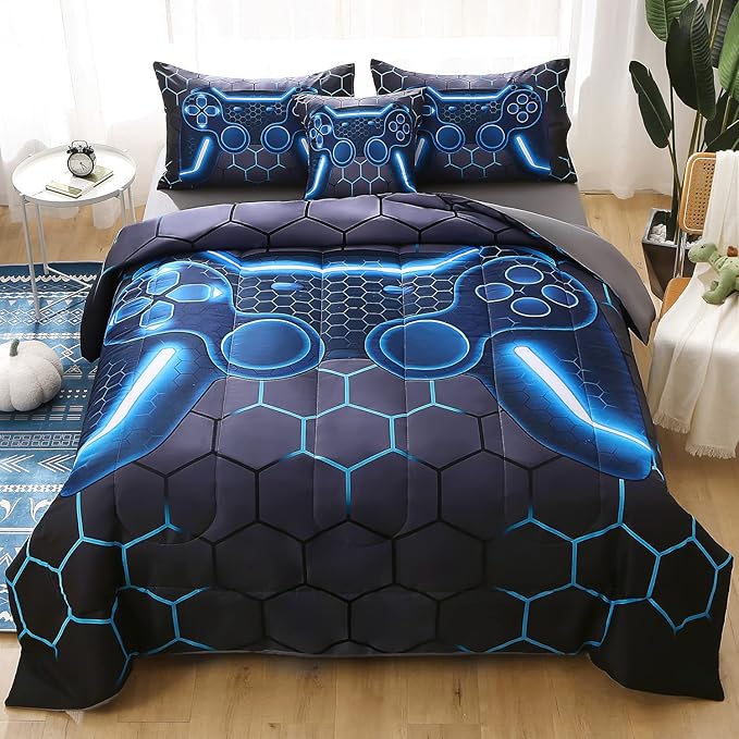 JQinHome Full Gamer Comforter Set,6 Piece Bed in A Bag 3D Video Game Bedding -All Season Down Alternative Gamer Bedding Sets - (Blue Game Controller) - LeafyLoom