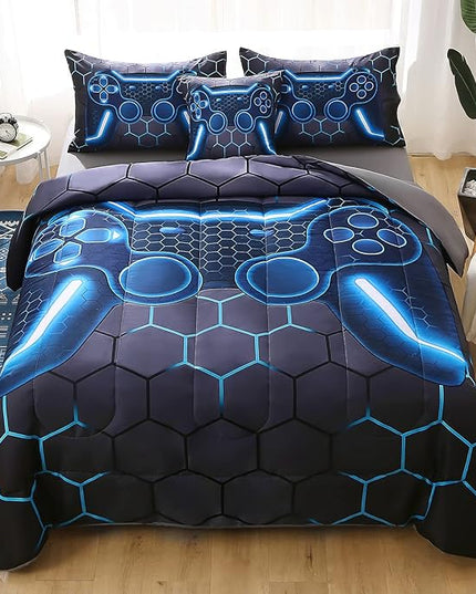 JQinHome Queen Gamer Comforter Set,6 Piece Bed in A Bag 3D Video Game Bedding -All Season Down Alternative Gamer Bedding Sets - (Blue Game Controller) - LeafyLoom