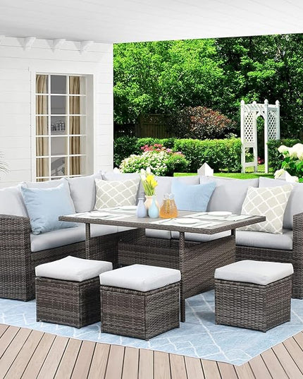 7 Piece Wicker Rattan Outdoor Dining Set with Dining Table and Ottomans, Patio Table and Chairs Set - LeafyLoom