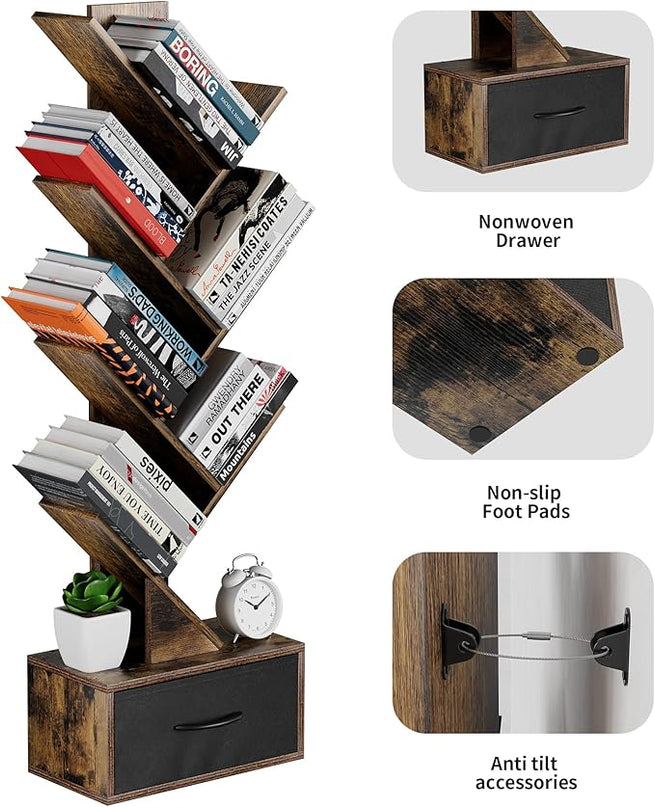 Egepon 6-tier Tree Bookshelf with Drawer Rustic Brown Book Shelf Storage Rack Floor Standing Bookcase for CDs Movies Books Multifunctional Organizer Shelves for Home Office Living Room Bedroom - LeafyLoom