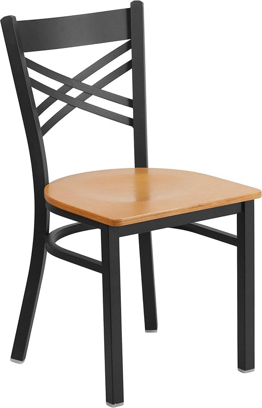 Flash Furniture HERCULES Series Black ''X'' Back Metal Restaurant Chair - Natural Wood Seat - LeafyLoom