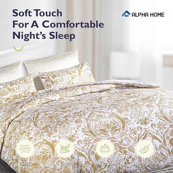 ALPHA HOME Comforter Set Queen Size, All Season Bedding Comforter Set, Comfortable Classic Damask Pattern Comforter Set with Cotton Fabric (1 Comforter, 2 Pillowcases) - LeafyLoom