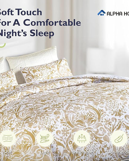 ALPHA HOME Comforter Set King Size, All Season Bedding Comforter Set, Comfortable Classic Damask Pattern Comforter Set with Cotton Fabric (1 Comforter, 2 Pillowcases) - LeafyLoom