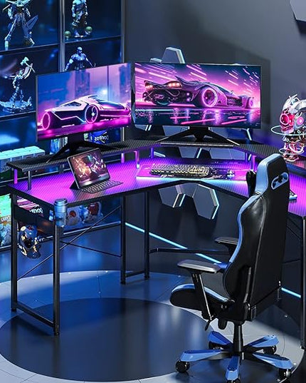 ODK L Shaped Gaming Desk with LED Lights & Power Outlets, 51" Computer Desk with Full Monitor Stand, Corner Desk with Cup Holder, Gaming Table with Hooks, Black Carbon Fiber - LeafyLoom