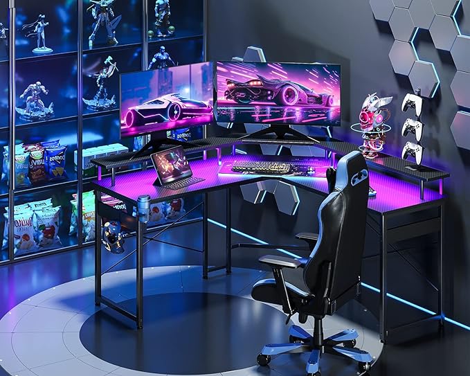 ODK L Shaped Gaming Desk with LED Lights & Power Outlets, 51" Computer Desk with Full Monitor Stand, Corner Desk with Cup Holder, Gaming Table with Hooks, Black Carbon Fiber - LeafyLoom