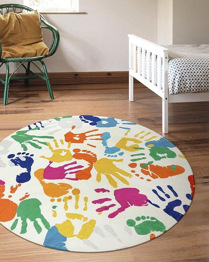 Colorful Round Rug for Kids Bedroom, 4'x4' Handprints and Footprints Circle Rug for Playroom, Rainbow Washable Rug for Nursery, Small Circular Carpet for Classroom Dorm Daycare - LeafyLoom