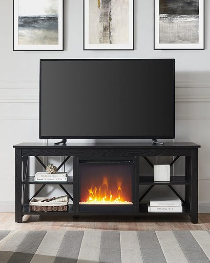Henn&Hart Rectangular TV Stand with Crystal Fireplace for TV's up to 65" in Black, TV Stands for the Living Room - LeafyLoom