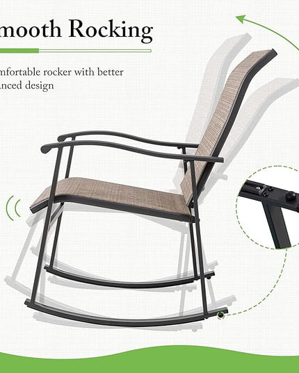 Shintenchi 3 Piece Rocking Bistro Set, Outdoor Furniture with Rocker Chairs and Glass coffee table set of 3, Balcony, Porch Furniture for Small Space, Brown - LeafyLoom