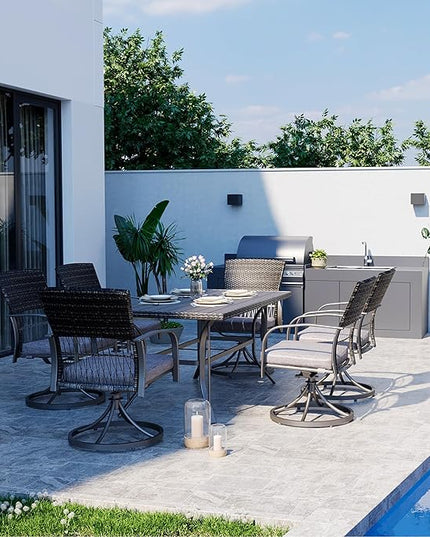 Pamapic 7 Piece Patio Dining Set for 6,Outdoor Wicker Furniture Set for Backyard Garden Deck Poolside with 6 Cushions Swivel Rocker Chairs,Iron Slats Table Top, Removable Cushions(Gray) - LeafyLoom