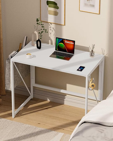 Folding Desk, Small Foldable Desk 31.5 Inch for Small Space, Computer Table Home Office Writing Desk with Storage Bag Headphone Hook, Easy Assembly, White - LeafyLoom