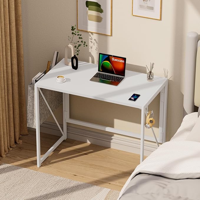 Folding Desk, Small Foldable Desk 31.5 Inch for Small Space, Computer Table Home Office Writing Desk with Storage Bag Headphone Hook, Easy Assembly, White - LeafyLoom