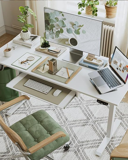 Height Adjustable Desk with Keyboard Tray, 48 x 24 Inches Electric Standing Desk, Stand up Computer Table with Memory Preset, Modern Lift Motorized Gaming Workstation, White - LeafyLoom