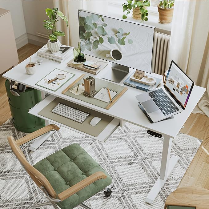 Height Adjustable Desk with Keyboard Tray, 48 x 24 Inches Electric Standing Desk, Stand up Computer Table with Memory Preset, Modern Lift Motorized Gaming Workstation, White - LeafyLoom