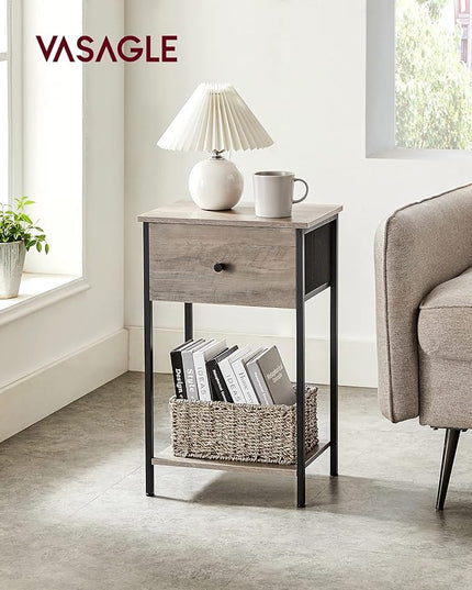 VASAGLE Nightstand, Side Table with Fabric Drawer, 24-Inch Tall End Table with Storage Shelf, Bedroom, Greige and Black ULGS021B02 - LeafyLoom