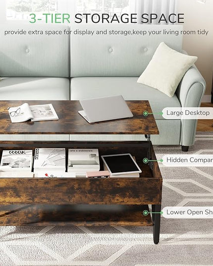 Novilla Lift Top Coffee Table with Storage 40 Inch Wood Lift Up Center Table for Living Room Tea Table with Hidden Compartment Rising Tabletop Table Cocktail Table, Rustic Brown - LeafyLoom