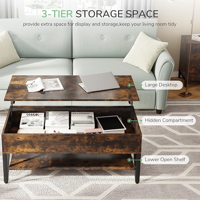 Novilla Lift Top Coffee Table with Storage 40 Inch Wood Lift Up Center Table for Living Room Tea Table with Hidden Compartment Rising Tabletop Table Cocktail Table, Rustic Brown - LeafyLoom