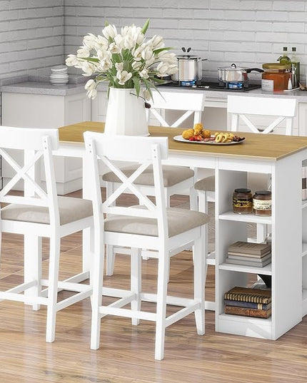 NicBex Dining Table for 4 Small Kitchen Table Set for 4 Solid Wood Farmhouse Counter Height Dining Table Set with 3-Tier Storage Shelves, Upholstered Dining Chairs for 4, Natural+White - LeafyLoom