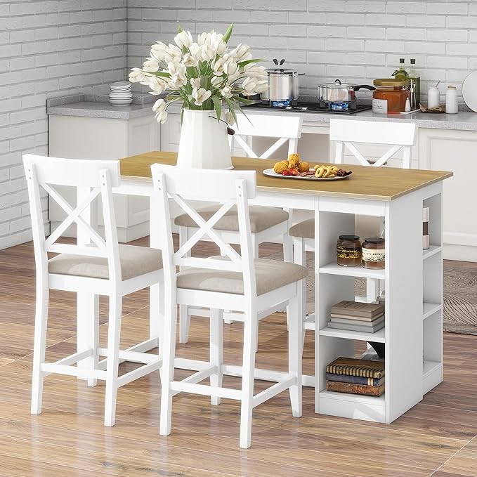 NicBex Dining Table for 4 Small Kitchen Table Set for 4 Solid Wood Farmhouse Counter Height Dining Table Set with 3-Tier Storage Shelves, Upholstered Dining Chairs for 4, Natural+White - LeafyLoom
