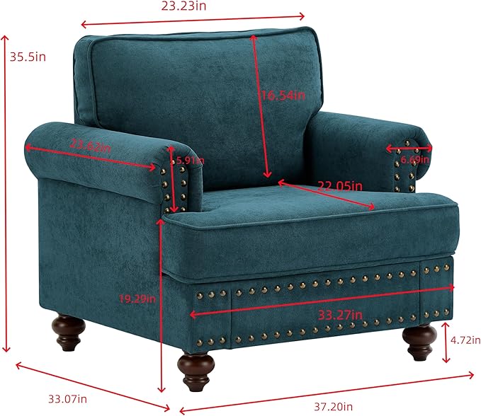 Upholstered Single Sofa Chair with Metal Legs, Modern Armchairs with Nailhead Trim for Living Room,Bedroom and Office, Lake Green, 60.83" W - LeafyLoom