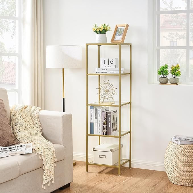 5-Tier Bookshelf,Metal Bookcase,Tempered Glass Shelves,Storage Rack Shelf for Home Office,Living Room,Bedroom, Bathroom,Modern Style,Golden - LeafyLoom