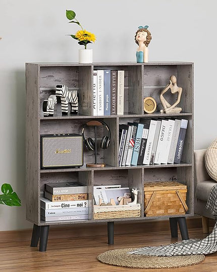 LEYAOYAO 8 Cube Bookshelf,3 Tier Bookcase with Legs,Modern Grey Mid-Century Bookshelves,Large Farmhouse Open Storage Organizer Shelf, Retro Wooden Display Book Case for Bedroom,Living Room,Office - LeafyLoom