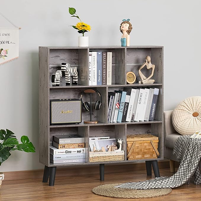 LEYAOYAO 8 Cube Bookshelf,3 Tier Bookcase with Legs,Modern Grey Mid-Century Bookshelves,Large Farmhouse Open Storage Organizer Shelf, Retro Wooden Display Book Case for Bedroom,Living Room,Office - LeafyLoom