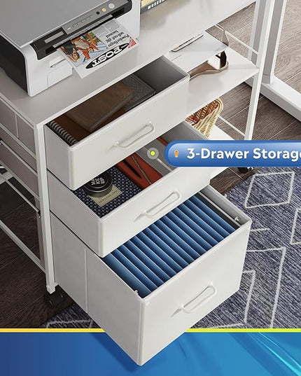 DEVAISE 3 Drawer Mobile File Cabinet, Rolling Printer Stand with Open Storage Shelf, Fabric Lateral Filing Cabinet fits A4 or Letter Size for Home Office, White - LeafyLoom