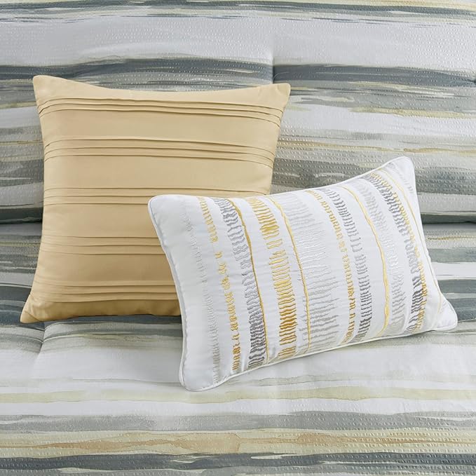 Madison Park Marina Comforter Quilt Combo Set - Modern Luxury Design, All Season Down Alternative Bedding, Matching Shams, Decorative Pillows, King/Cal King(104"x92"), Yellow 8 Piece - LeafyLoom