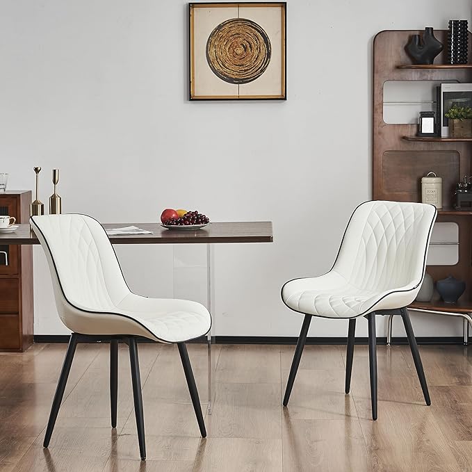 YOUNIKE White Dining Chairs set of 2 with High Backs Mid Century Modern Kitchen & Dining Room Chairs PU Faux Leather Upholstered sillas de comedor Comfortable Large Padded Accent Chair with Metal Legs - LeafyLoom