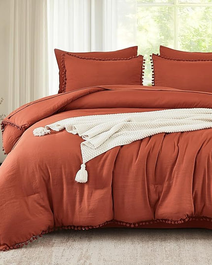Litanika King Size Comforter Set Terracotta,3 Pieces Terracotta Boho Pom Pom Lightweight Bed Comforter, All Season Soft Solid Color Bedding Comforter Sets (1 Comforter 104x90 Inch, 2 Pillowcases) - LeafyLoom