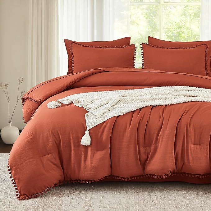 Litanika King Size Comforter Set Terracotta,3 Pieces Terracotta Boho Pom Pom Lightweight Bed Comforter, All Season Soft Solid Color Bedding Comforter Sets (1 Comforter 104x90 Inch, 2 Pillowcases) - LeafyLoom