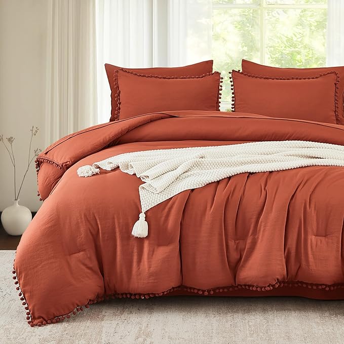 Litanika Queen Size Comforter Set Terracotta,3 Pieces Terracotta Boho Pom Pom Lightweight Bed Comforter, All Season Soft Solid Color Bedding Comforter Sets (1 Comforter 90x90 Inch, 2 Pillowcases) - LeafyLoom