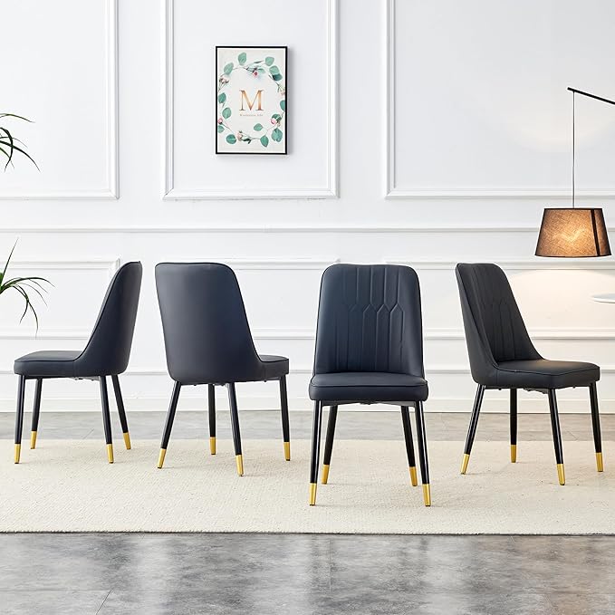 Modern Set of 4, Faux Leather Dining PU Upholstered Black Kitchen Chair Golden Metal Legs for Home Living Room, Restaurant, 4 Piece - LeafyLoom
