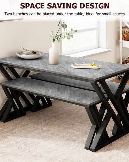 IDEALHOUSE Kitchen Table with Benches, Dining Table Benches Set for 4, Rectangular Kitchen Table Set with Sturdy Metal Frame, Saving Space for Kitchen, Dining Room, Apartment, Gray, 44.8" - LeafyLoom