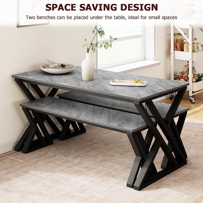 IDEALHOUSE Kitchen Table with Benches, Dining Table Benches Set for 4, Rectangular Kitchen Table Set with Sturdy Metal Frame, Saving Space for Kitchen, Dining Room, Apartment, Gray, 44.8" - LeafyLoom