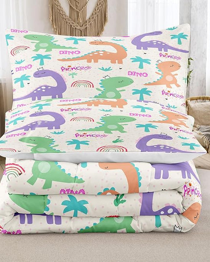 NINENINE Dinosaur Bedding Sets for Kids,Twin Comforter Sets for Girls,Girls Dinosaur Comforter Bedding Sets,Kawaii Cartoon Comforter Sets with 1 Comforter 1Pillowcase - LeafyLoom
