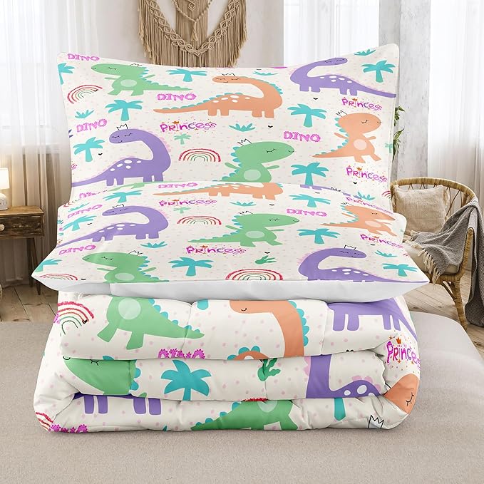 NINENINE Dinosaur Bedding Sets for Kids,Twin Comforter Sets for Girls,Girls Dinosaur Comforter Bedding Sets,Kawaii Cartoon Comforter Sets with 1 Comforter 1Pillowcase - LeafyLoom
