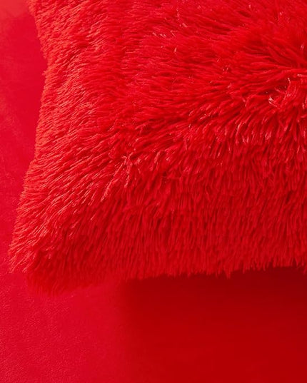Fluffy Red comforters Cover twin size - Ultra Soft Plush red bedding Sets 2 Pieces (1 faux fur comforter Cover + 1 fuzzy pillow case) girls shaggy red twin bed set (Red, Twin) - LeafyLoom
